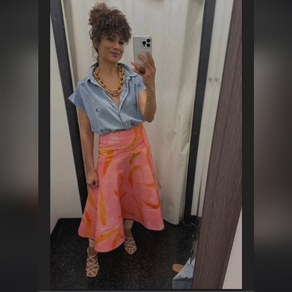 ZARA ZW COLLECTION PRINTED MID-WAIST ASYMMETRIC MIDI SKIRT 🧡💛💗 - Picture 4 of 12